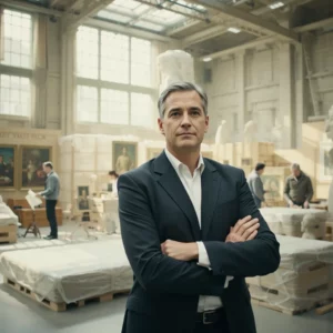 Uomo europeo elegante a braccia incrociate in un museo
