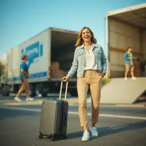 Giovane donna europea sorridente con trolley