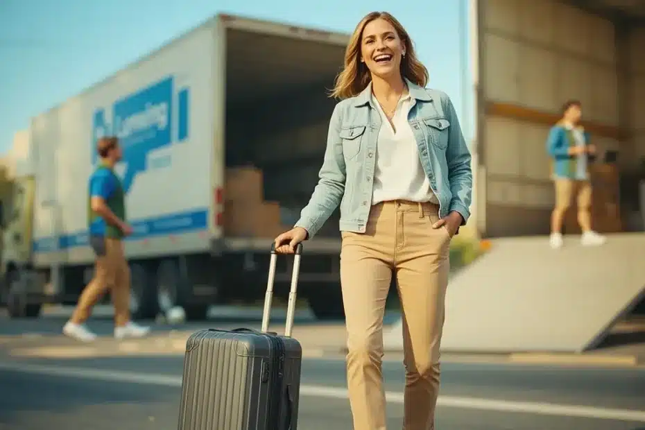 Giovane donna europea sorridente con trolley