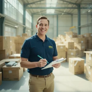 Magazziniere di quarant'anni sorridente