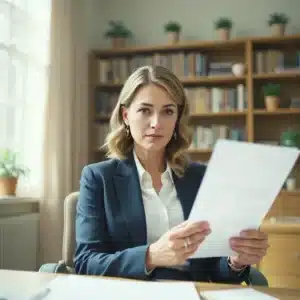 Donna elegante sulla quarantina legge un documento