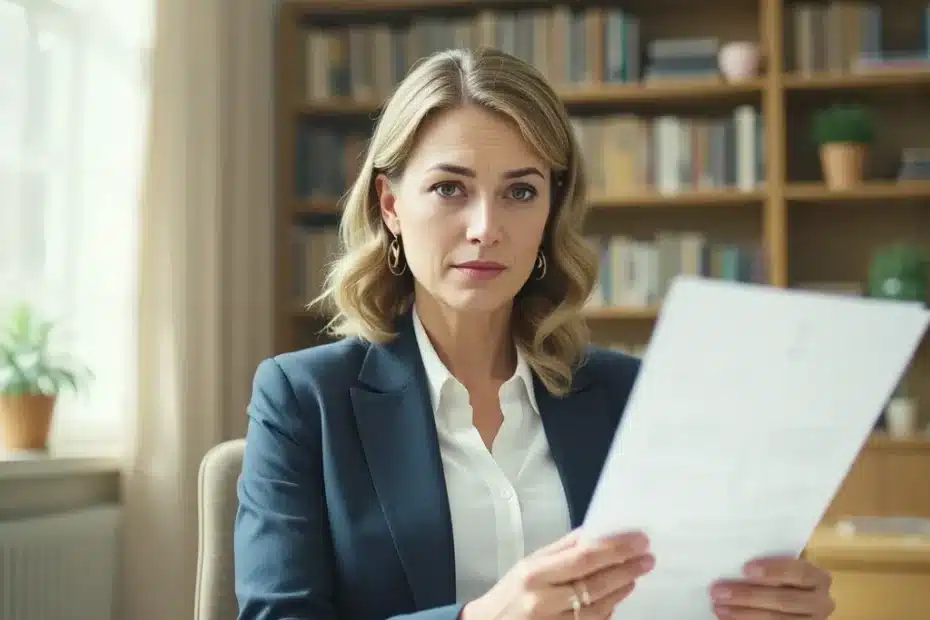Donna elegante sulla quarantina legge un documento