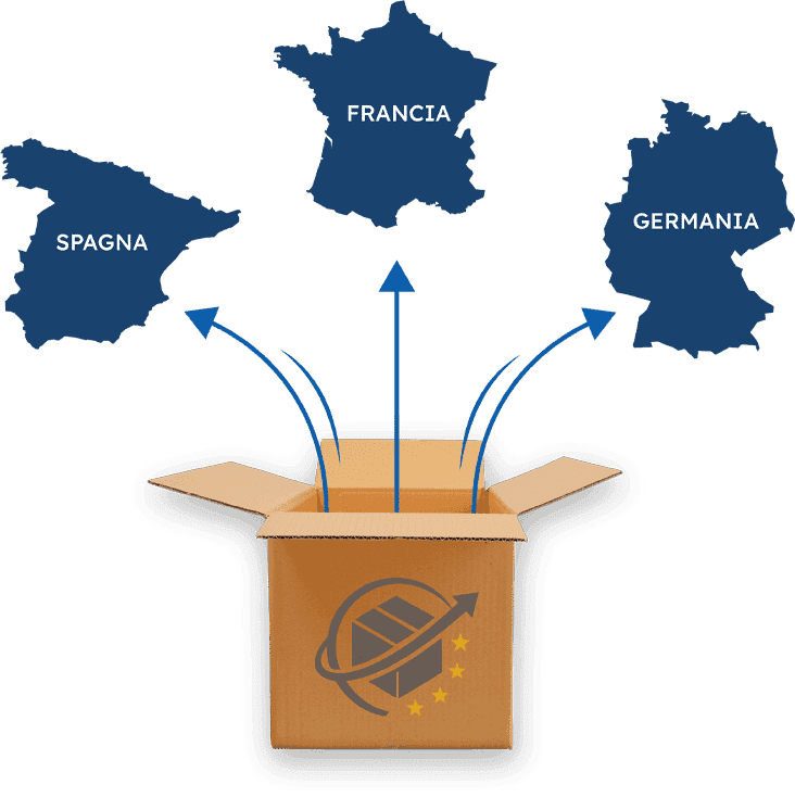 scatolone trasloco da cui escono tappe europee